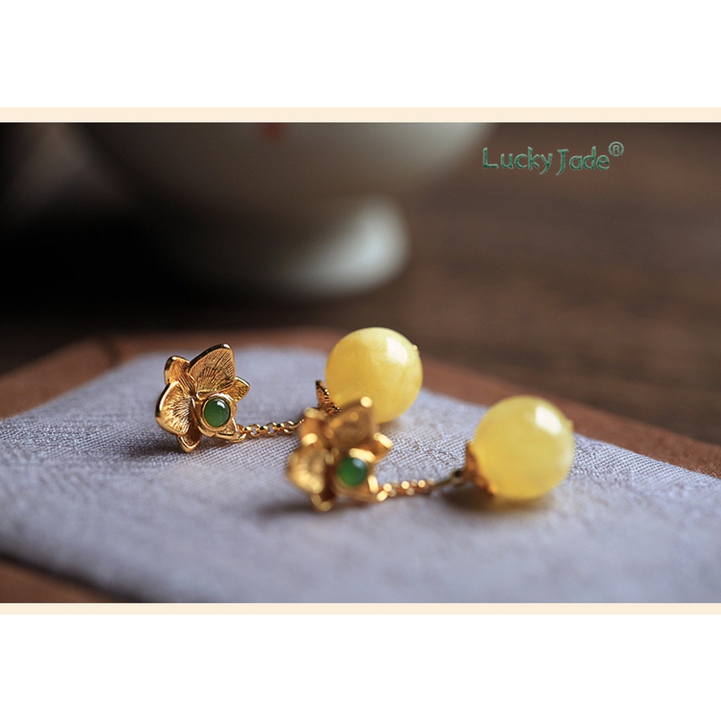 Khuyên Tai Bạc Đính Đá Hổ Phách Cao Cấp Phong Cách Trung Hoa Cho Nữ