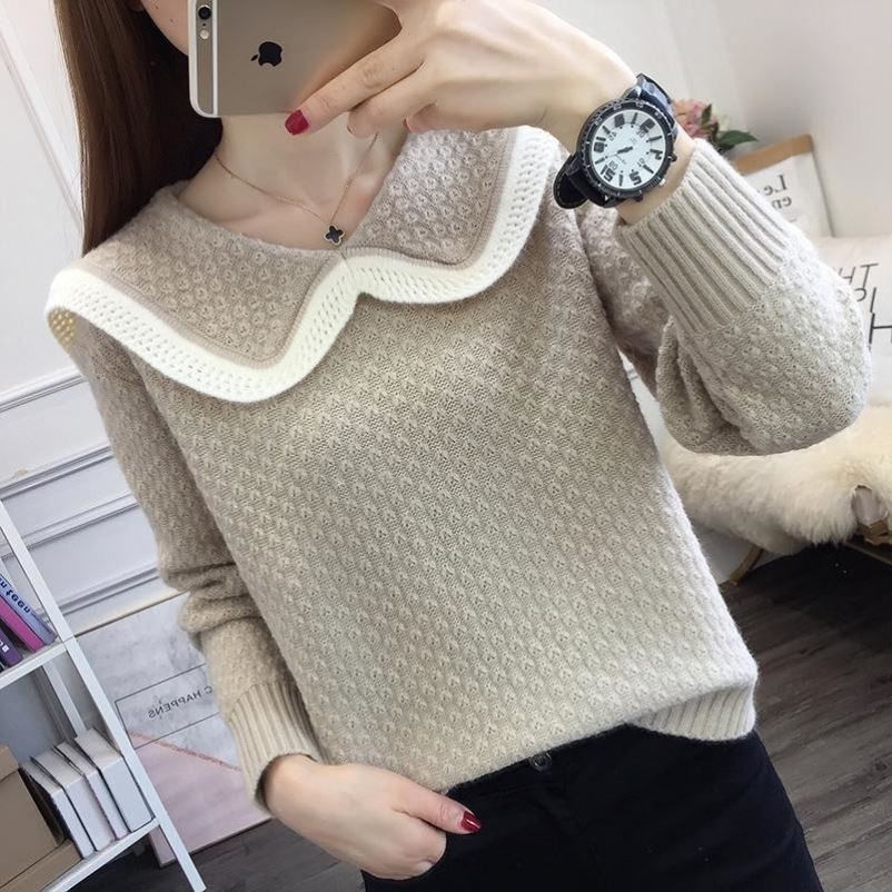 【ZHELIHANGFEI】Áo Len Tay Dài Form Rộng Cổ Búp Bê Dễ Phối Đồ