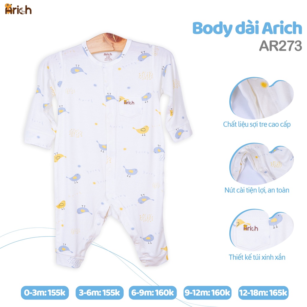 Bộ body dài chất liệu vải sợi tre cao cấp nhà Arich cho bé trai, bé gái sơ sinh đến 18 tháng tuổi