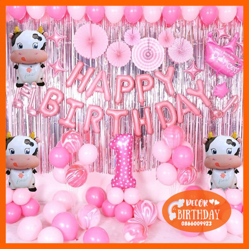 Set Trang Trí Sinh Nhật TUỔI TRÂU Cho Bé Gái, Bóng Y Hình Tặng Kèm Đồ Bơm Băng Dính Bóng