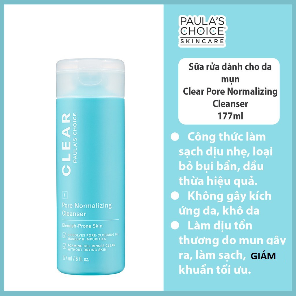 Sữa rửa mặt dạng gel ngăn ngừa mụn và se khít lỗ chân lông Paula’s Choice Clear Pore Normalizing Cleanser 177ml