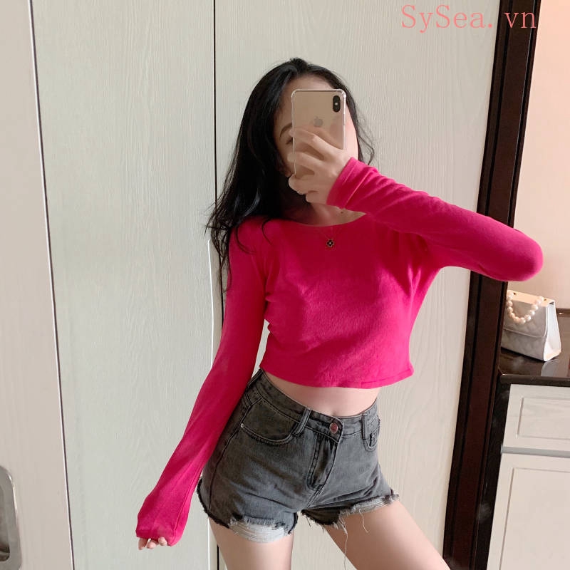 Áo croptop dệt kim tay dài thời trang Hàn Quốc