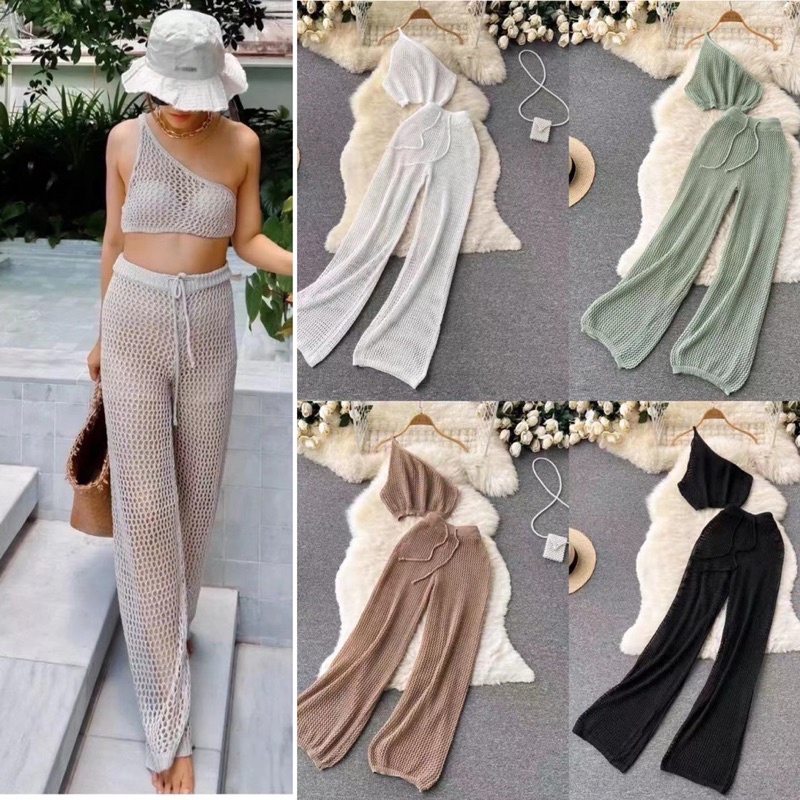 Set ren lưới quần dài áo bra lưới lệch vai mới QC cực hot