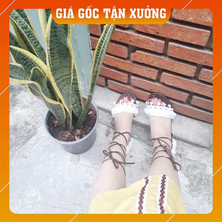 Giày sandal thổ cẩm cột dây màu trắng phong cách boho Mông Cổ [HÀNG CÓ SẴN]