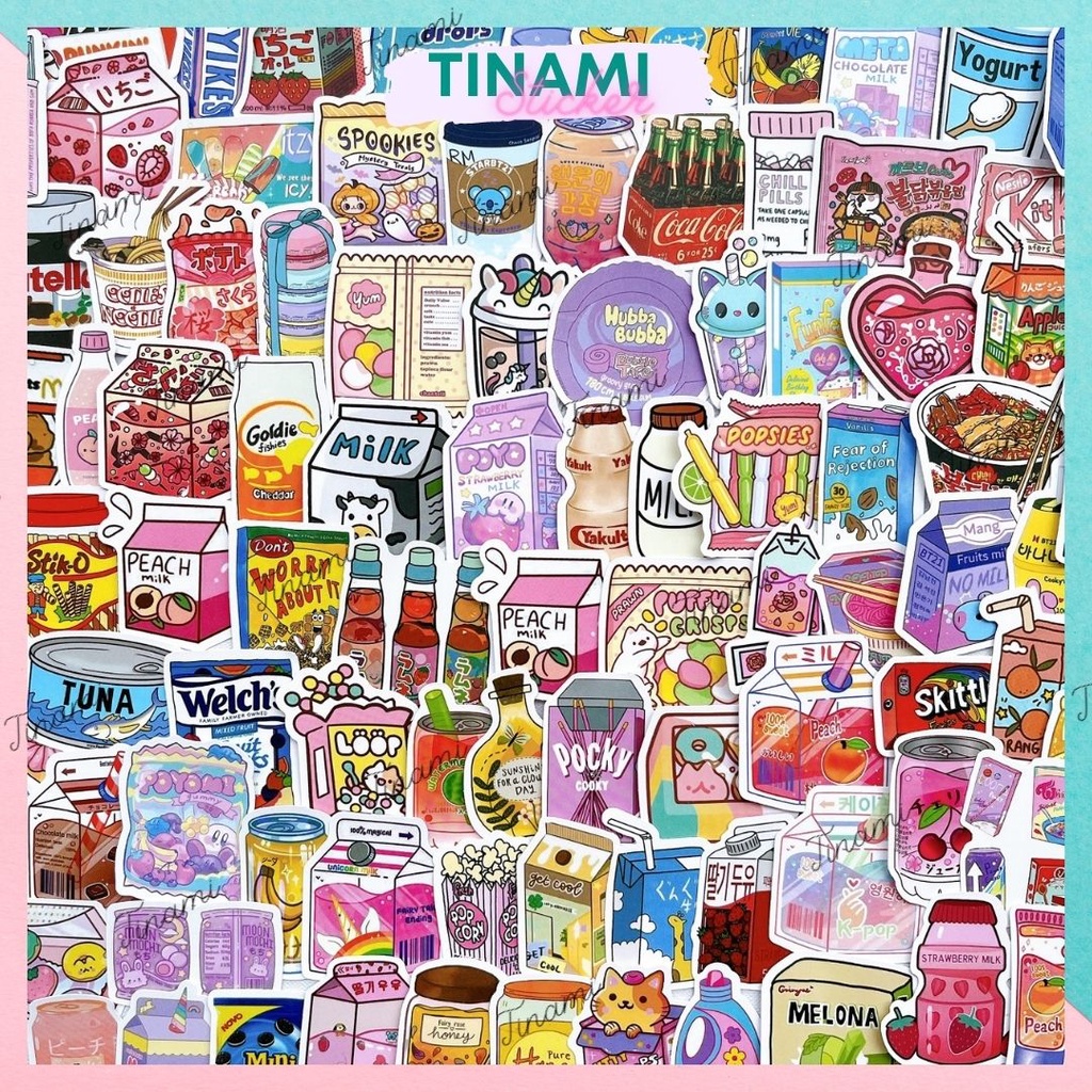 Bộ 100 Sticker mini chủ đề thức ăn đồ uống nhiều màu sắc hình dán chống nước dùng trang trí decor Tinami MINI-001