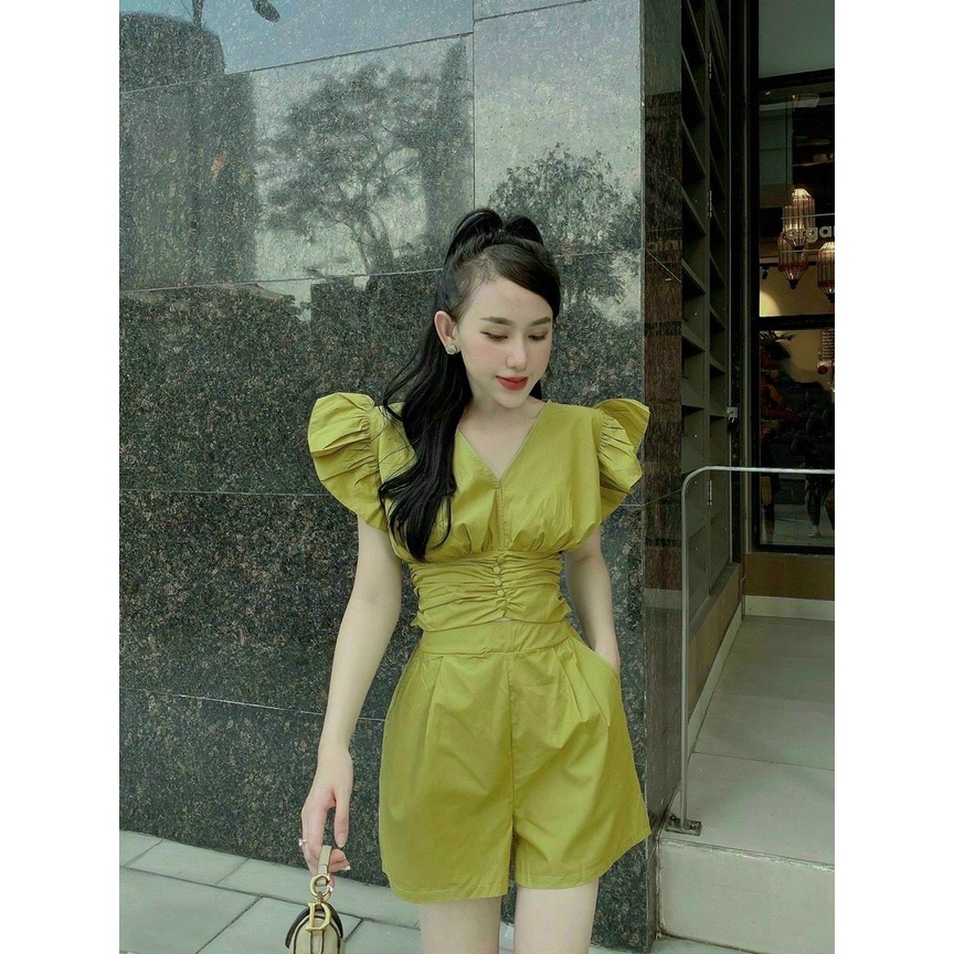 Set bộ đũi cánh tiên đi biển, set áo cổ v tay bèo nhún eo croptop mix quần short phồng dễ thương dx