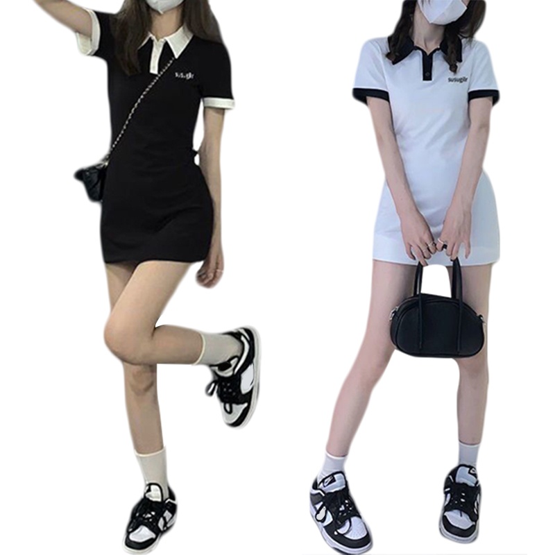 Đầm Ngắn Tay Dáng Ôm Cài Nút Màu Sắc Tương Phản Thời Trang Mùa Hè Quyến Rũ Cho Nữ
