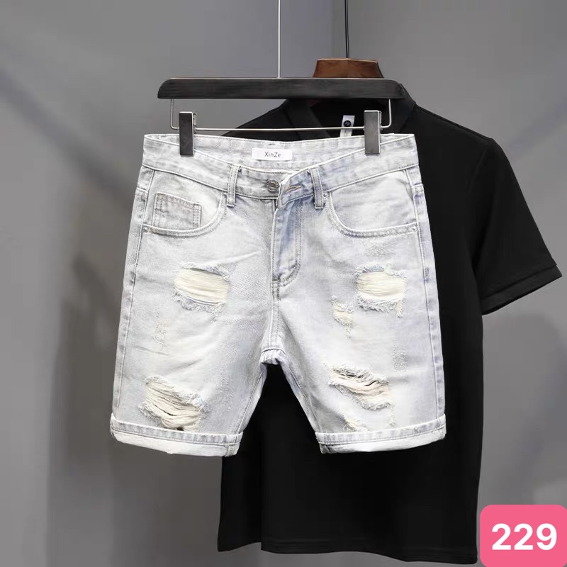 Quần short đùi jean nam xanh bạc trắng nhạt rách gối chất bò cao cấp co dãn 4 chiều cực đẹp, quần rin nam HD13 Mẫu Mới