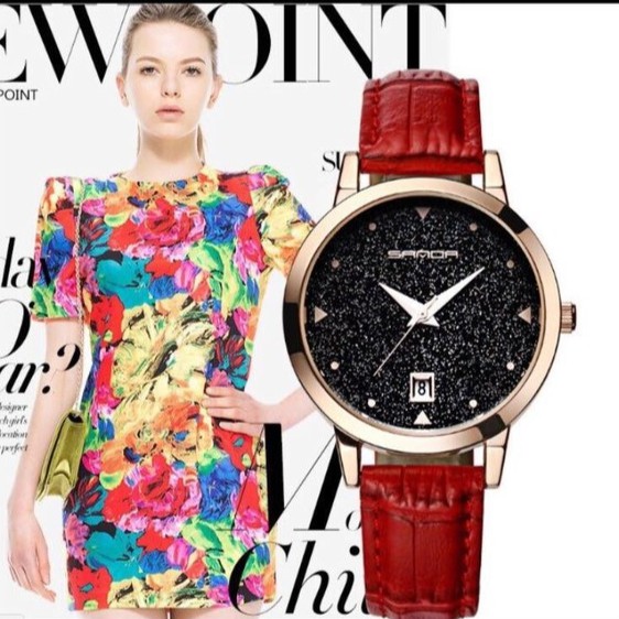 Đồng hồ nữ Sanda dây da mặt kim tuyến kèm lịch ngày style Hàn Quốc độc đáo + Tặng hộp đồng hồ + Pin dự phòng