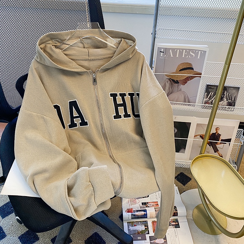 Áo Khoác Hoodie Tay Dài Dáng Rộng Thêu Họa Tiết Xinh Xắn Dễ Phối Đồ