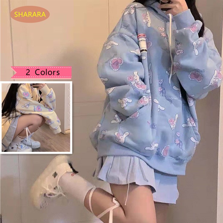 Áo hoodie tay dài dáng rộng in họa tiết chú cún kiểu Harakura Nhật màu be lam đáng yêu cho nữ