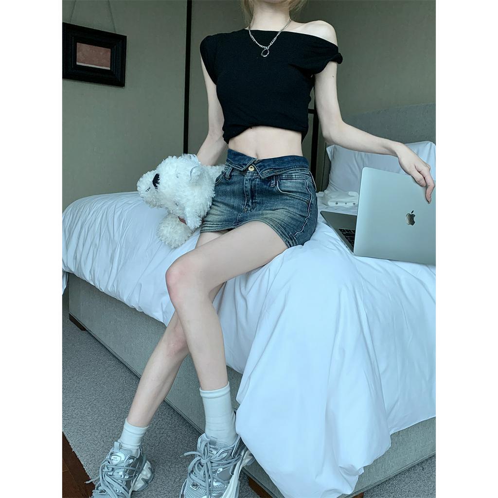 qkoole  Chân váy jean Lưng Cao Phong Cách Retro Cho Nữ