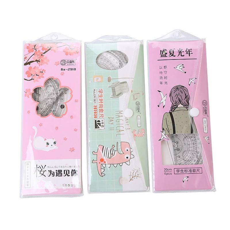 ⭐ iLado ⭐   Bộ Thước Kẻ 4 Món 15cm Thước đo kích thước Dụng Cụ Vẽ Hình Học Cute Theme Thước kẻ học sinh dễ thương chất lượng cao Tiện Lợi Hoạt Hình trong suốt có túi đựng In Họa Tiết Hoạt Hình dễ thương