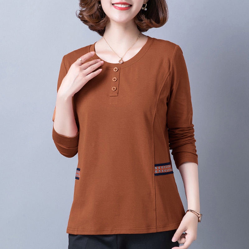Áo thun cotton cổ tròn tay dài plus size cho phụ nữ trung niên