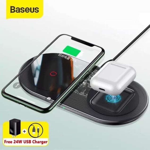 Bộ đế sạc nhanh không dây 2 trong 1 Baseus Simple Wireless Charger Turbo Edition （24W, Phone + Airpods Pro）
