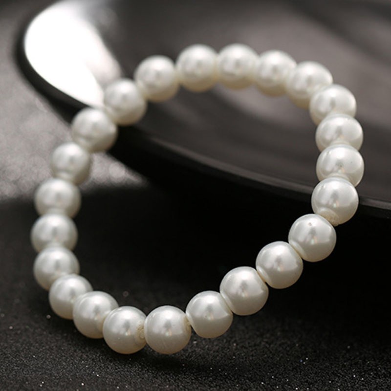 Set 2 vòng đeo tay chuỗi hạt ngọc trai nhân tạo tròn màu trắng co giãn phong cách cổ điển thời trang dành cho nữ 8mm