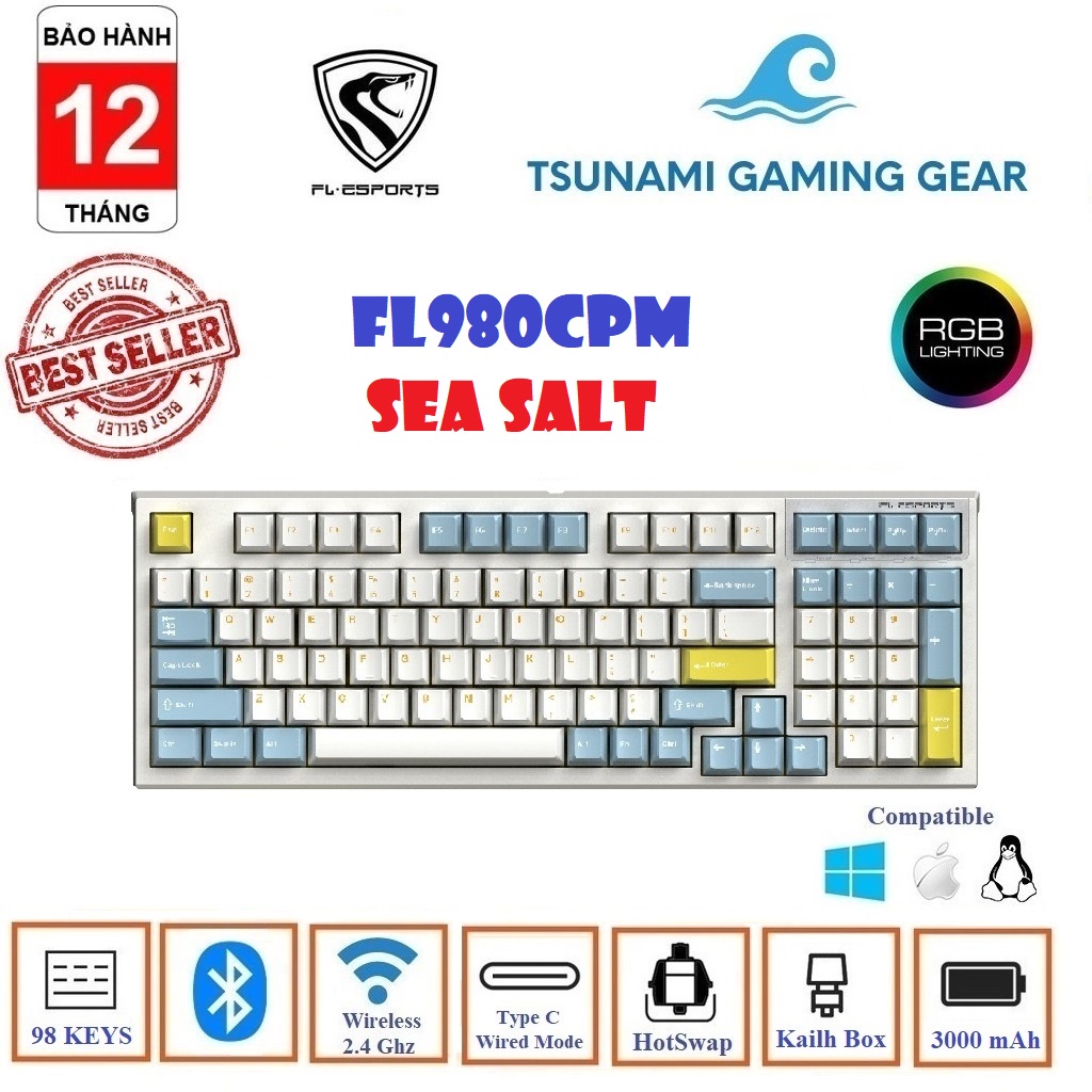 Phím cơ không dây FL-Esports FL980CPM Sea Salt RGB/ Bluetooth / Wireless 2.4Ghz / Hotswap / Kailh Box Switch