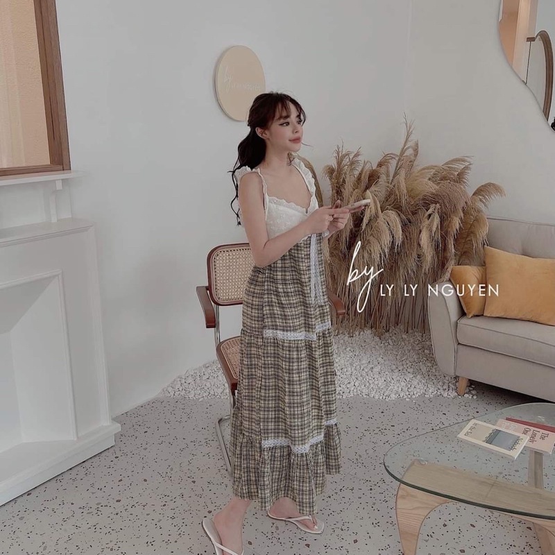 Đầm maxi hai dây CARO phối ren buôc nơ ngực siêu xinh, Váy nữ dáng dài đẹp hợp đi biển