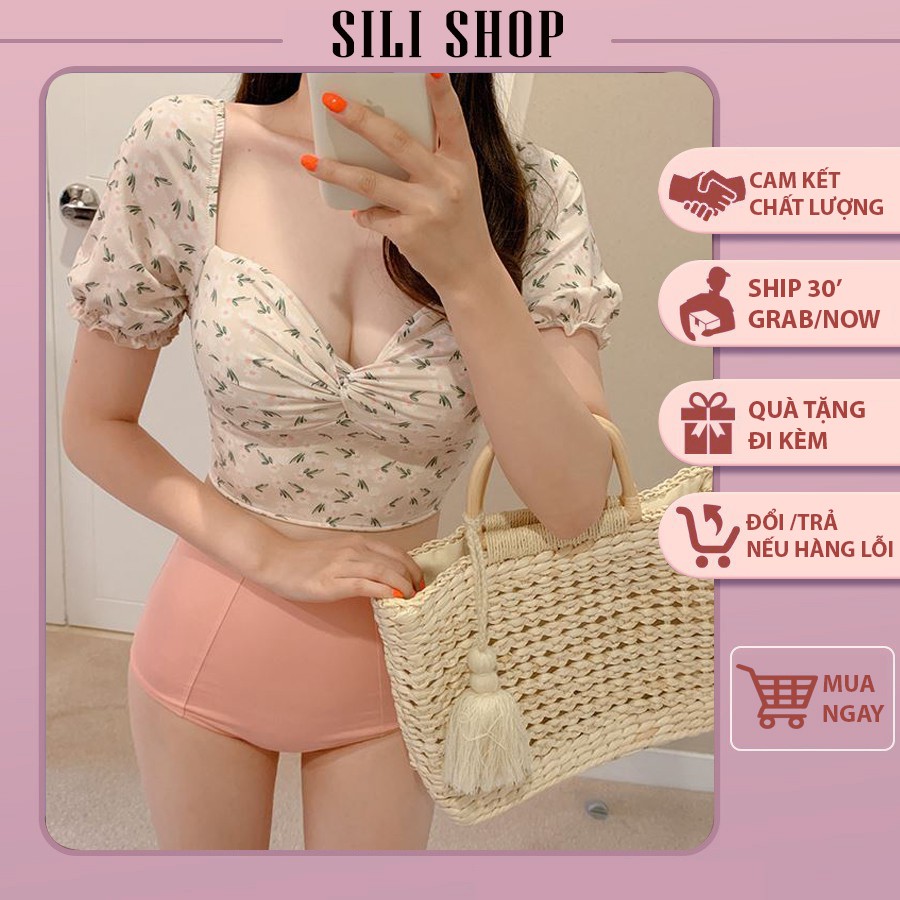 Bikini bộ bơi nữ cộc tay quần cạp cao hoa nhí 🍀FREESHIP🍀 Áo Tắm Nữ Hè 2020 sili shop