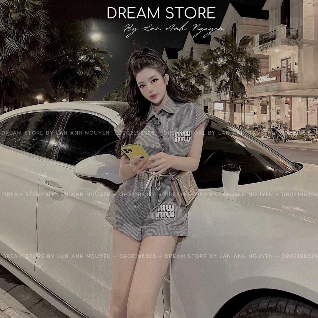 Sét Bộ Thời Trang Nữ Đi Chơi- Sét Bộ Thun Gân Đùi Sọc Thêu Chữ Miumiu Cổ Sơ Mi Mix Quần Đùi Có Lưng Bản