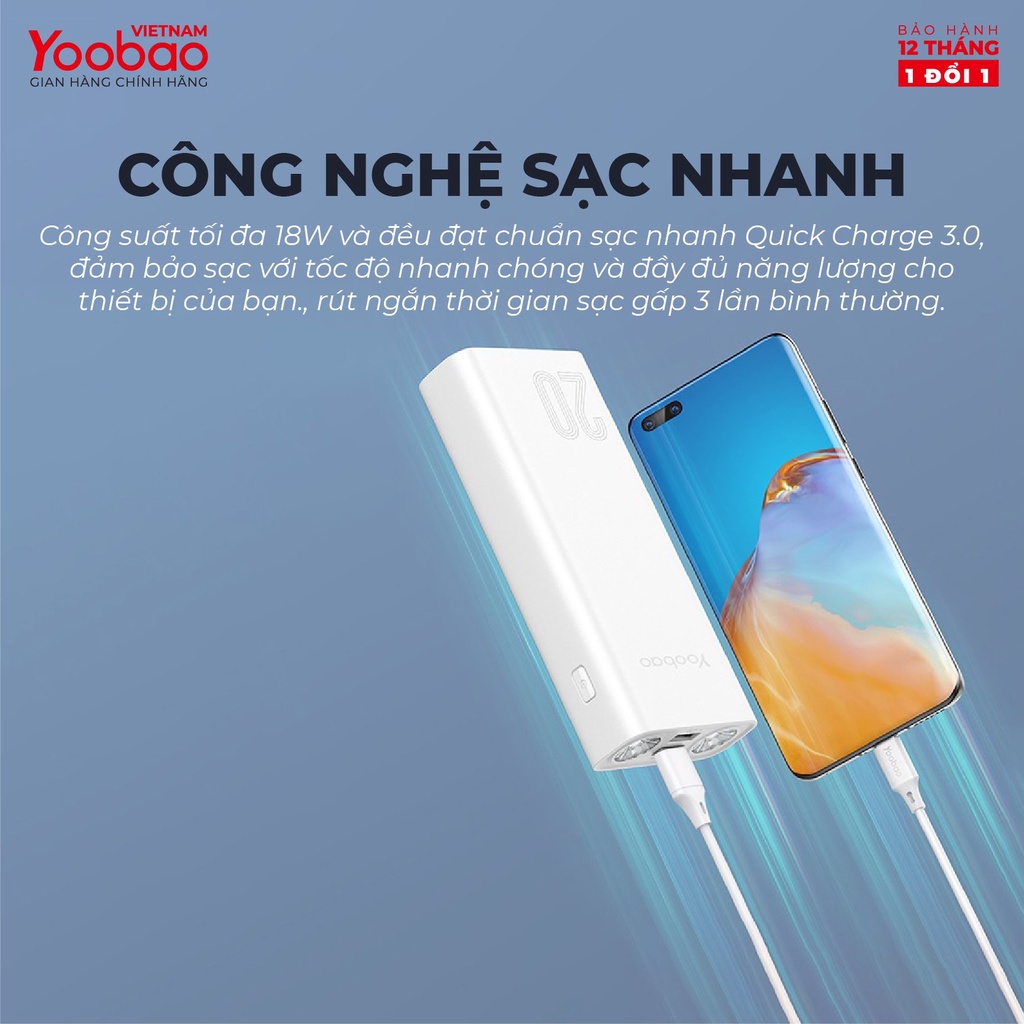 [CHÍNH HÃNG - BẢO HÀNH 12 THÁNG] Pin sạc dự phòng sạc nhanh Yoobao L20Q 20000mAh tích hợp 2 đèn LED siêu sáng