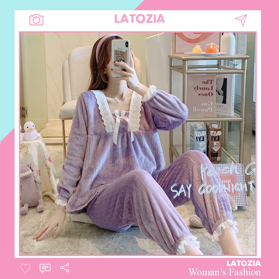 Bộ Pijama Dài Tay Mặc Nhà Hoạt Hình Nỉ Nhung Phối Nơ Cực Xinh Latozia TD08