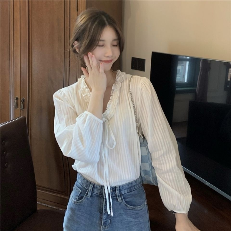 Áo Sơ Mi Trắng Tay Dài Cổ Chữ V Phong Cách Hàn Quốc  tao bao