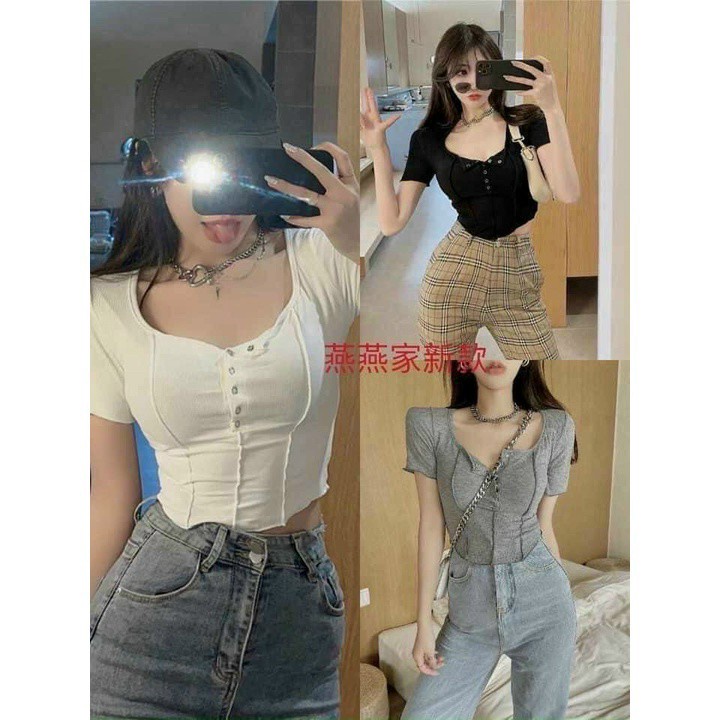 Áo Thun Borip Cổ Vuông Gài Nút Bấm Tay Ngắn Xinh Xắn TTSLA0826