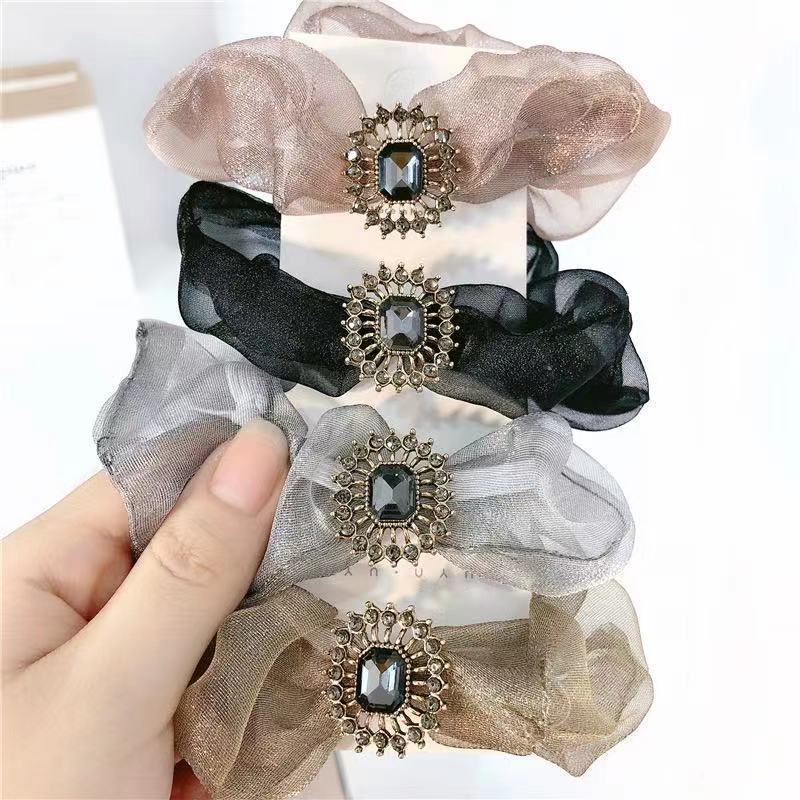Dây buộc tóc Haimeikang bằng vải organza bản lớn đính đá phong cách retro thời trang cho nữ