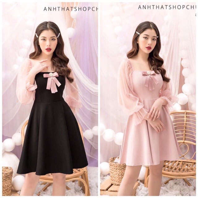 Đầm dự tiệc xoè cổ vuông tay lưới kèm tag nơ