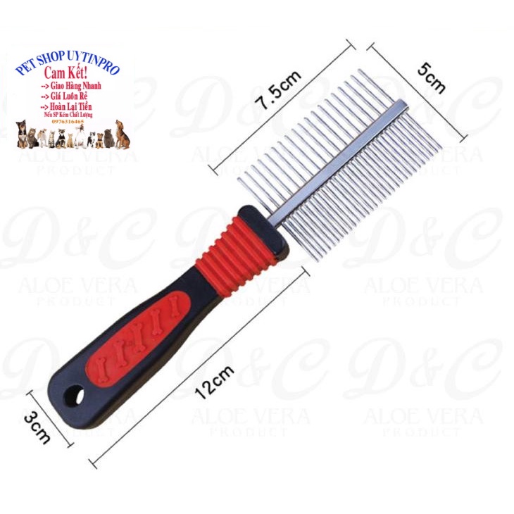 Lược chải lông cho Chó Mèo PET COMB Đầu inox 2 mặt Cán nhựa màu đỏ đen in bàn chân Dài 20cm Giúp thú cưng mượt lông