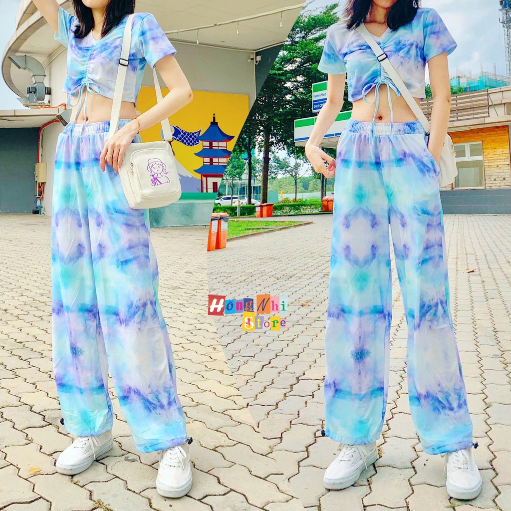 Quần Jogger 3D Ulzzang Unisex Jogger Loang Màu Dây Rút Lai Ống Rộng Xanh Nhạt - MM