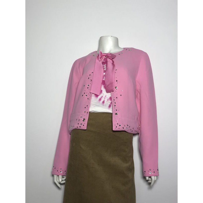Áo khoác công sở nữ form ngắn tay dài màu hồng đính đá cổ có nơ hiệu Juicy Couture size S