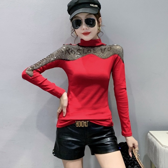 Áo thun dài tay dài tay chữ rỗng cổ cao thời trang mới chữ thời trang áo lưới dài tay Áo thun dài tay nữ