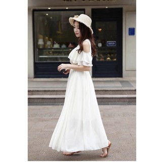 Đầm Maxi Voan Lụa Rớt Vai (Trắng)