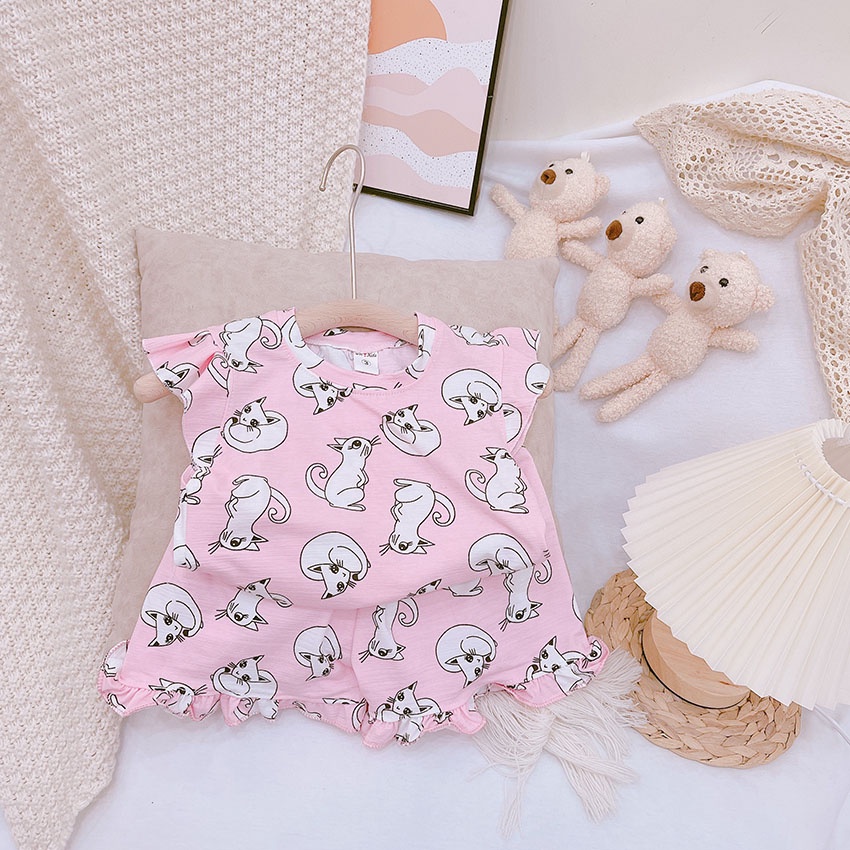 Bộ Quần Áo Trẻ Em Cộc Tay In Hình Mèo Dâu LOL Xinh Xắn Vải Cotton Cho Bé Gái Từ 8-20kg Mã CT47