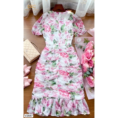 V2687 - váy body voan hoa hồng