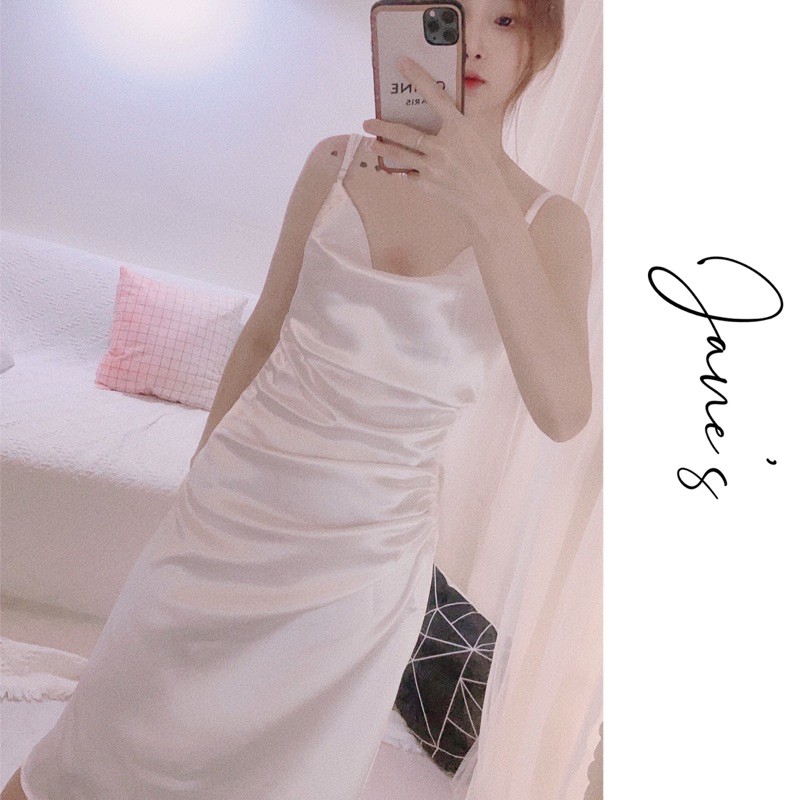 sẵn Jane’s Đầm hai dây cổ đổ Trắng quyến rũ rút dây nhún xẻ tà cực sang C36