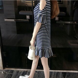 Đầm suông đuôi cá nữ họa tiết kẻ sọc ngang
