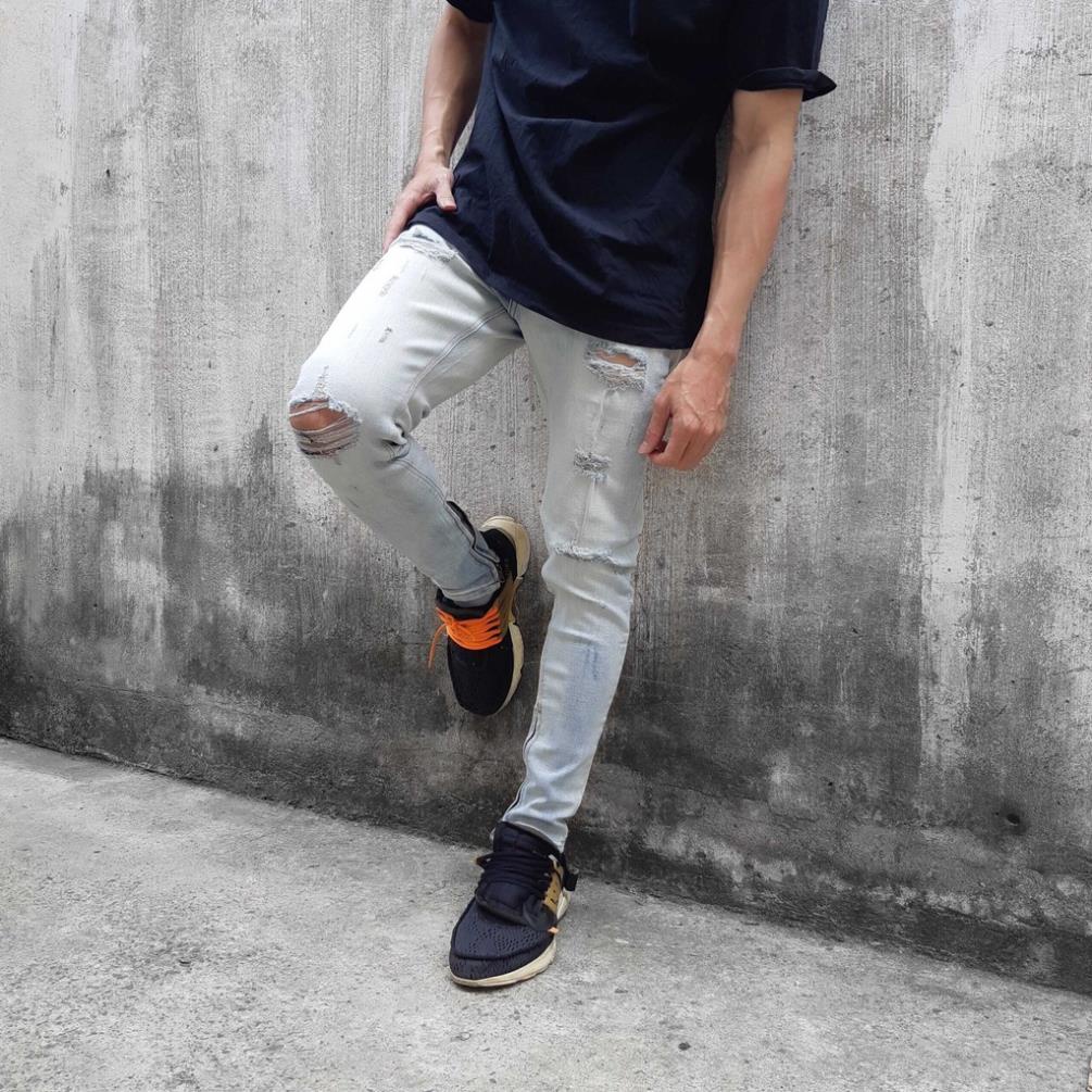 Quần jean nam Streetwear DATINO rách gối form Skinny co giãn ống khóa Zipper, bền màu ♻️
