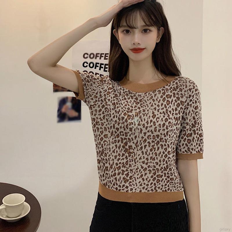 Áo Croptop Tay Ngắn Hoạ Tiết Da Báo Phong Cách Hàn Quốc