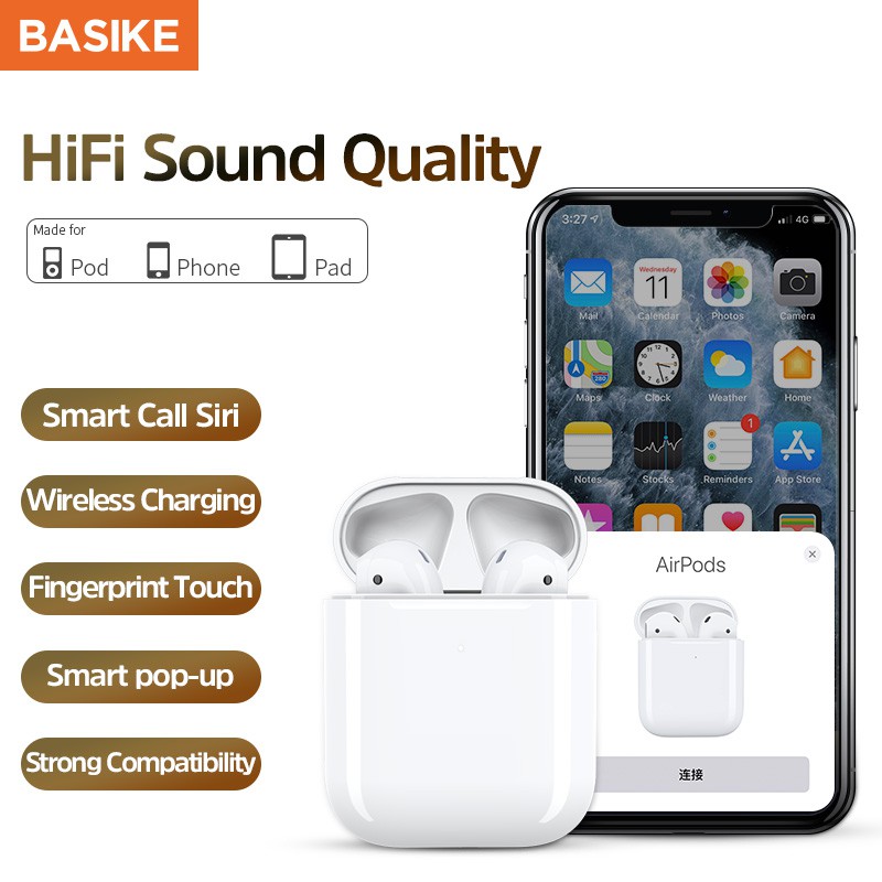 Tai nghe BASIKE TW16 không dây Bluetooth hỗ trợ sạc Qi HD khử ồn cửa sổ pop-up thông minh cao cấp cho iPhone