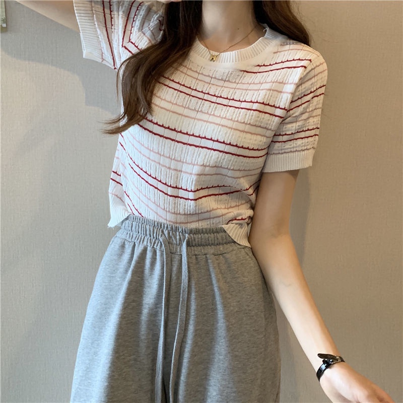 Áo thun IELGY dệt kim ngắn tay họa tiết kẻ sọc thời trang cho nữ