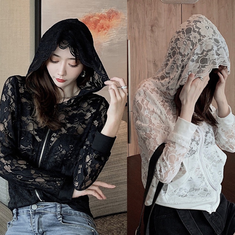 Áo Khoác Ren Ngắn Tay Dài Có Mũ Trùm Dành Cho Nữ Đi Biển