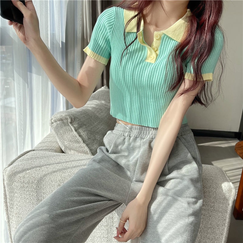 Áo thun dệt kim IELGY tay ngắn cổ polo dáng ôm thời trang cho nữ