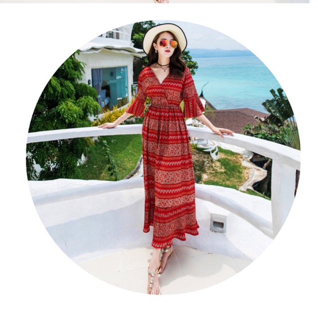 Đầm maxi chiffon mịn tay lỡ eo thun hoạ tiết hoa thổ cẩm size S M L XL | BigBuy360 - bigbuy360.vn