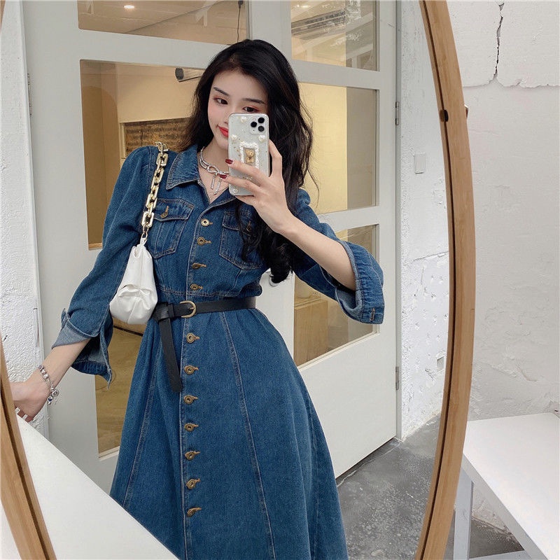 Đầm Denim Dáng Chữ a Tay Dài Ôm Eo Phong Cách Cổ Điển Thời Trang Mùa Xuân Mới 2022