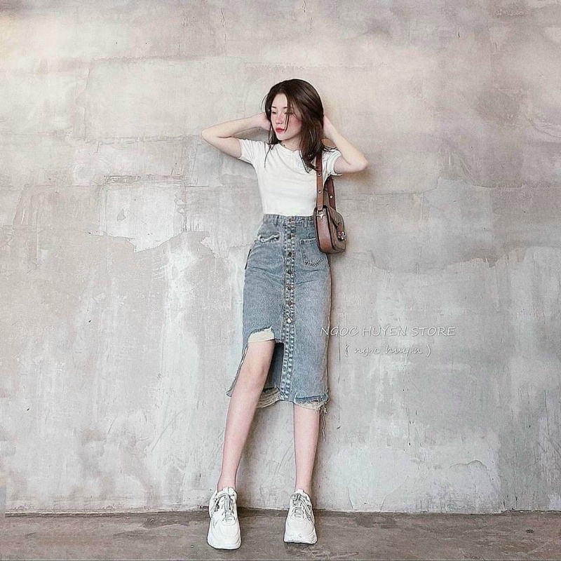 [hình thật] Chân váy jeans 7khuy, chân váy bò rách lệch cạp cao giá rẻ-shopbelinh