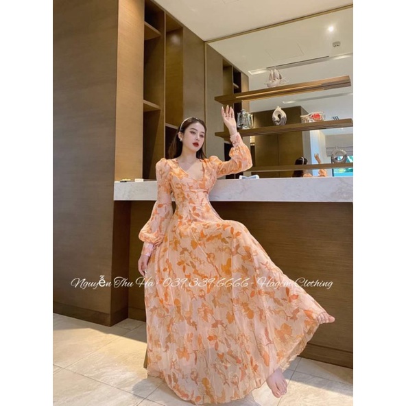 Váy maxi hoa cam tay bồng hàng cao cấp HÀ GEM