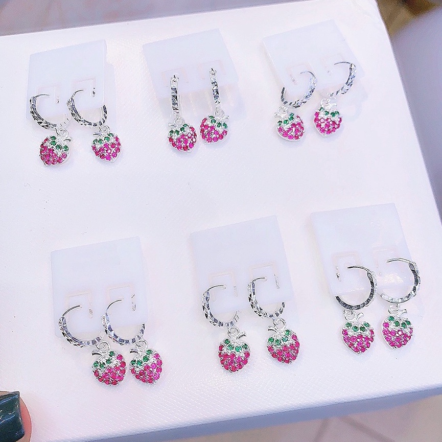 Bông tai cho bé gái chất liệu bạc ta bông tai dâu tây đính đá cho bé gái xinh xắn Minh Hằng Jewelry